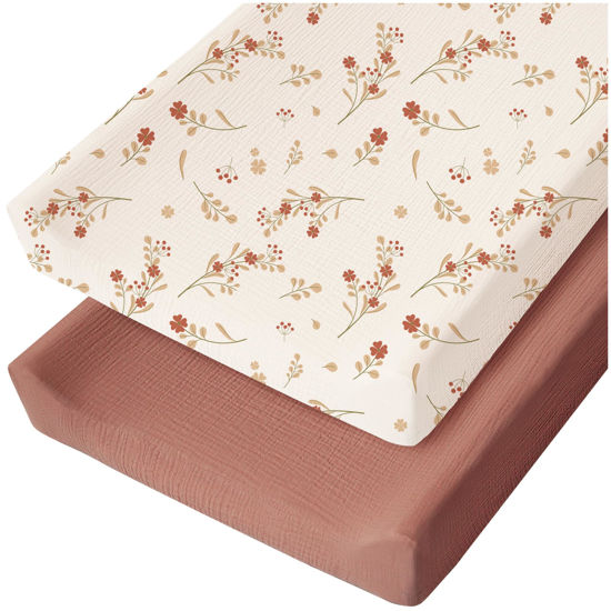 Picture of Konssy Muslin Changing Pad Cover for Baby Girls Boys, 100% Cotton Fitted Diaper Chang Table Covers, Soft Breathable Changing Pad Sheets, 2 Pack (Chestnut, Posy)