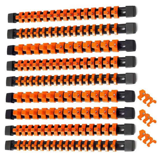 Picture of ALOANES 9 PC ABS Socket Organizer, 1/2 inch, 3/8 inch and 1/4 inch Drive Socket Rail Holders, Heavy Duty Socket Racks, Black Rails with Orange Clips