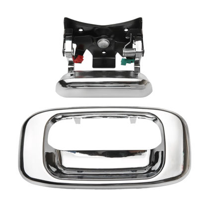 Picture of Tailgate Door Handle & Bezel Lock Set, Compatible with 1999-2007 Chevy Silverado GMC Sierra 1500 2500 3500, Chrome Exterior Rear with Rod Clips | Replaces# 15997911, 15228539, 15228541, 15228540