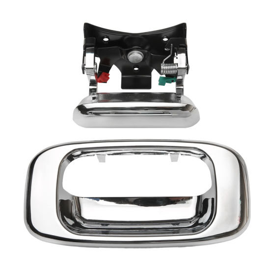 Picture of Tailgate Door Handle & Bezel Lock Set, Compatible with 1999-2007 Chevy Silverado GMC Sierra 1500 2500 3500, Chrome Exterior Rear with Rod Clips | Replaces# 15997911, 15228539, 15228541, 15228540