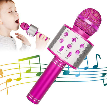 Picture of KIDWILL Wireless Bluetooth Karaoke Microphone for Kids, 5-in-1 Portable Handheld Karaoke Mic Speaker Player Recorder with Adjustable Remix FM Radio for Kids Girls Boys Teens Birthday-Hot Pink