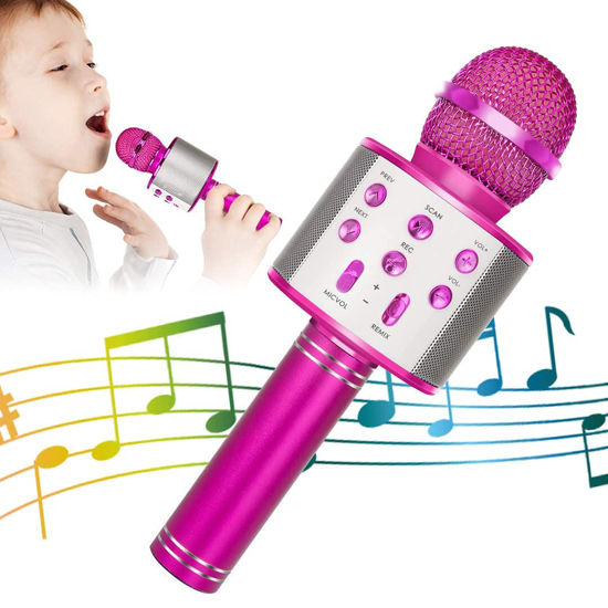 Picture of KIDWILL Wireless Bluetooth Karaoke Microphone for Kids, 5-in-1 Portable Handheld Karaoke Mic Speaker Player Recorder with Adjustable Remix FM Radio for Kids Girls Boys Teens Birthday-Hot Pink