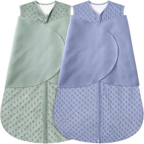 Picture of BSTOPPT Fleece Newborn Sleep Sack Baby Swaddle,3-Way Adjustable Wearable Blanket,2 Pack Fleece Swaddling Sleeping Bag TOG 2.0， (Blue&Green, 3-6 Months)