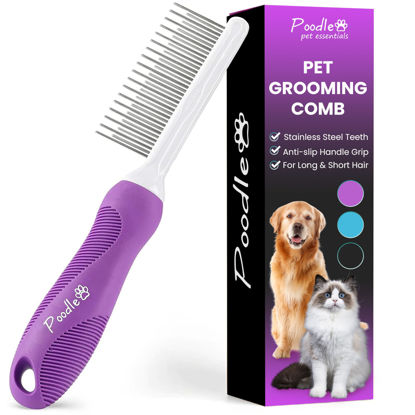Picture of Poodle Pet Detangling Pet Comb with Long & Short Stainless Steel Teeth for Removing Matted Fur, Knots & Tangles - Detangler Tool Accessories for Safe & Gentle DIY Dog & Cat Grooming