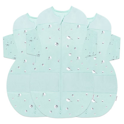 Picture of Happiest Baby SNOO Sleep Sack - 100% Organic Cotton Baby Swaddle Blanket - Doctor Designed Promotes Healthy Hip Development - 3-Pack Bundle (Teal Planets, S, M, L)