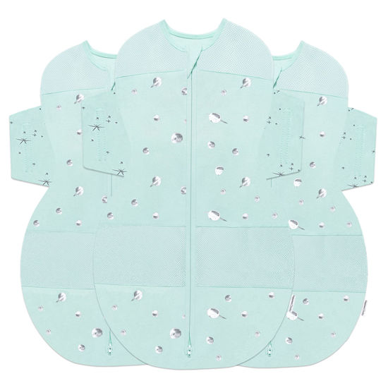 Picture of Happiest Baby SNOO Sleep Sack - 100% Organic Cotton Baby Swaddle Blanket - Doctor Designed Promotes Healthy Hip Development - 3-Pack Bundle (Teal Planets, S, M, L)