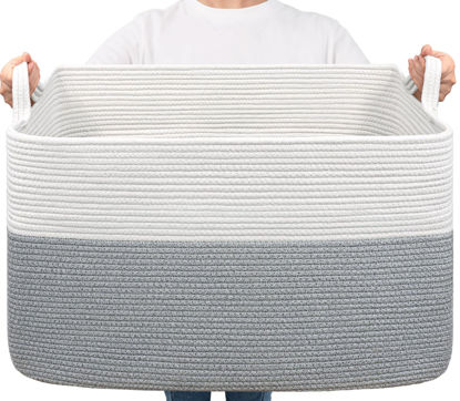 Picture of Goodpick Large Blanket Basket, Storage Baskets for Organizing, Woven Basket for Blankets, Clothes, Toy Baskets Storage Kids, Rectangle Rope Baskets for Storage, 23.6" x 15.7" x 13.8"