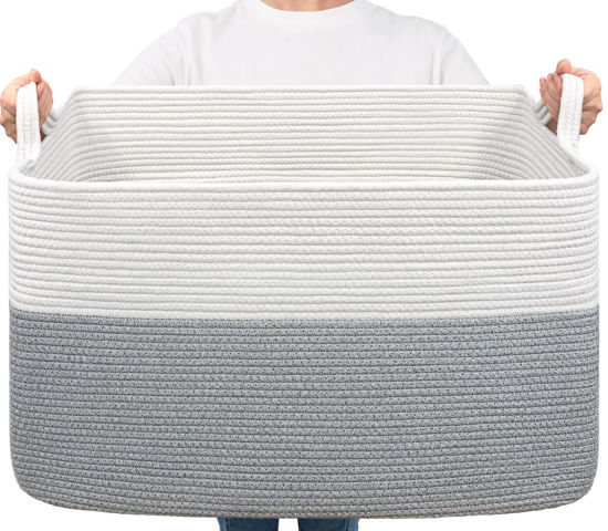 Picture of Goodpick Large Blanket Basket, Storage Baskets for Organizing, Woven Basket for Blankets, Clothes, Toy Baskets Storage Kids, Rectangle Rope Baskets for Storage, 23.6" x 15.7" x 13.8"