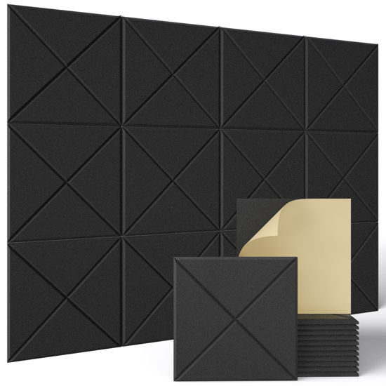 Picture of Sonicism 12 Pack X-Lined Acoustic Panels with Self-Adhesive, 12" X 12" X 0.4"Sound Proof Foam Panels, Decorative Soundproof Wall Panels, Sound Absorbing Tile for Home & Offices, Black