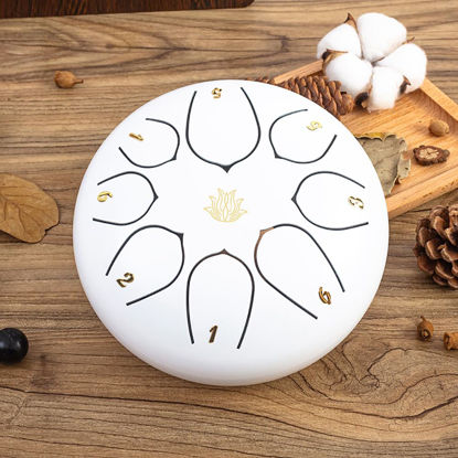Picture of Eavnbaek Steel Tongue Drum 6 Inch 8 Note Steel Hand Drum with Bag, Music Book, Drumsticks, Mallet Holder and Finger Paddles, for Camping, Meditation or Yoga (White)