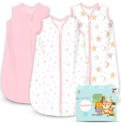 Picture of Cute Castle Baby Sleep Sack 12-18 Months - Lightweight 100% Cotton 2-Way Zipper TOG 0.5 Infant Wearable Blanket, Newborn Essentials Toddler Sleep Clothes, 3 Pack(Pink, Moon, Stars)