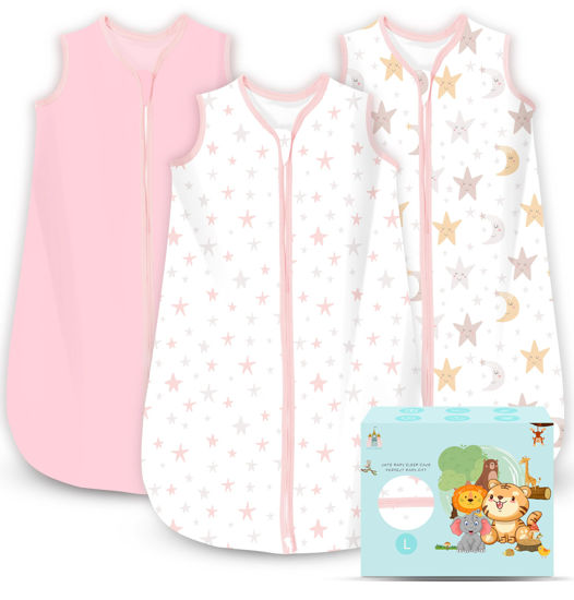 Picture of Cute Castle Baby Sleep Sack 12-18 Months - Lightweight 100% Cotton 2-Way Zipper TOG 0.5 Infant Wearable Blanket, Newborn Essentials Toddler Sleep Clothes, 3 Pack(Pink, Moon, Stars)