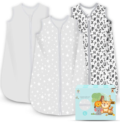 Picture of Cute Castle Baby Sleep Sack 12-18 Months - Lightweight 100% Cotton 2-Way Zipper TOG 0.5 Infant Wearable Blanket, Newborn Essentials Toddler Sleep Clothes, 3 Pack(Gray, Letters, Stars)