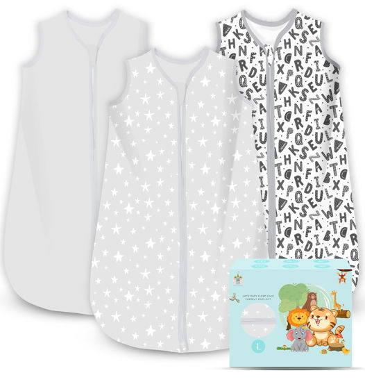 Picture of Cute Castle Baby Sleep Sack 12-18 Months - Lightweight 100% Cotton 2-Way Zipper TOG 0.5 Infant Wearable Blanket, Newborn Essentials Toddler Sleep Clothes, 3 Pack(Gray, Letters, Stars)