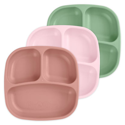 Picture of Re-Play Made in USA 7" Deep Walled Divided Plates for Kids, Set of 3 - Reusable 3 Compartment Plates, Dishwasher and Microwave Safe - 7.37" x 7.37" x 1.25", Desert Roses