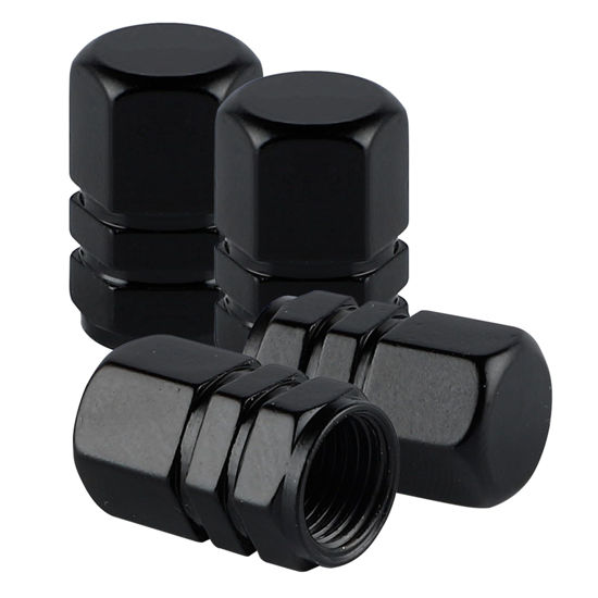 Picture of Alpmosn Aluminum Tire Stem Valve Caps Wheel Valve Covers Car Dustproof Tire Cap Cover Accessories, Universal for SUV, Car, Bike and Motorcycle, Hexagon Shape (4PCS Black)