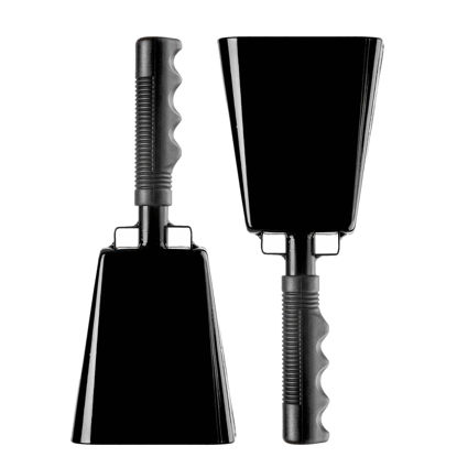 Picture of Steel Cowbell with Handle 8 Inch Cow Bells Noise Makers, 2 Pack Large Cowbells for Sporting Events, Hand Percussion Cowbells Cheering Bell for Football Game Party Concert Graduation School (Black)