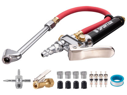 Picture of Spurtar 10-120 PSI Heavy Duty Tire Pressure Gauge with Inflator Air Chuck with Pressure Gauge with 4 Way Tool and Valve Cores Air Compressor Attachments Tire Inflator Nozzle for Car Automotive Truck