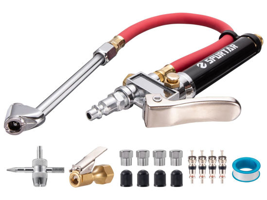 Picture of Spurtar 10-120 PSI Heavy Duty Tire Pressure Gauge with Inflator Air Chuck with Pressure Gauge with 4 Way Tool and Valve Cores Air Compressor Attachments Tire Inflator Nozzle for Car Automotive Truck