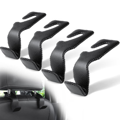 Picture of LivTee Headrest Hook for Car, Back Seat Organizer Black Leather Hanger Holder Hook, Interior Car Accessories for Hanging Purses Bags Coats, 4 Pack