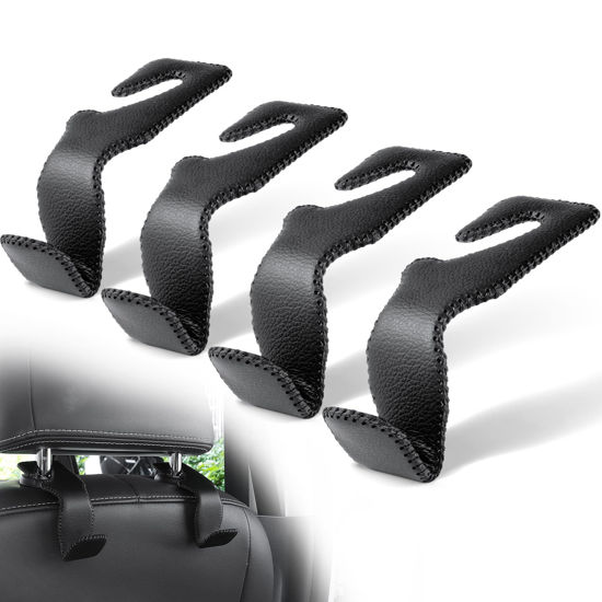 Picture of LivTee Headrest Hook for Car, Back Seat Organizer Black Leather Hanger Holder Hook, Interior Car Accessories for Hanging Purses Bags Coats, 4 Pack