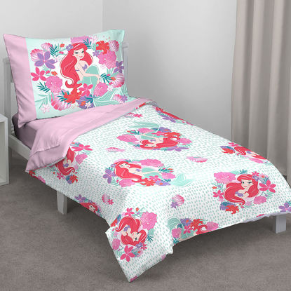 Picture of Disney Ariel Sea Garden 4 Piece Toddler Bed Set - Comforter, Fitted Sheet, Flat Top Sheet, Reversible Standard Size Pillowcase, Pink and Aqua