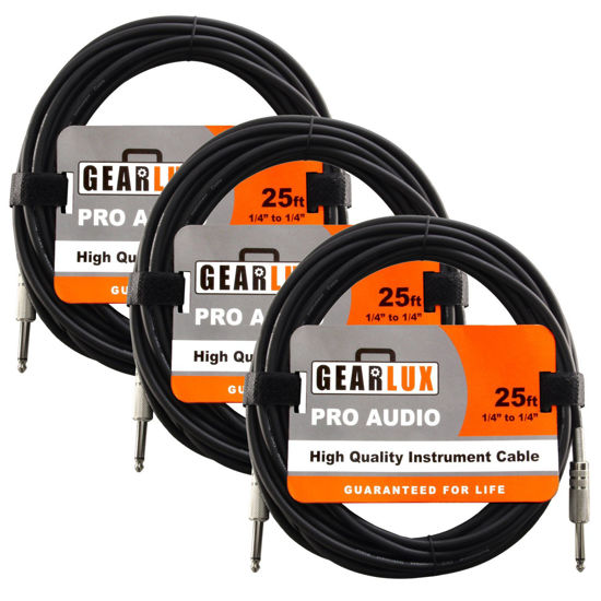 Picture of Gearlux Instrument Cable/Professional Guitar Cable 1/4 Inch to 1/4 Inch, Black, 25 Foot - 3 Pack