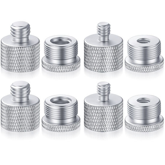 Picture of Moxweyeni 8 Pcs Mic Stand Adapter 5/8 Female to 3/8 Male, 3/8 Female to 5/8 Male, 5/8 Female to 1/4 Male and 1/4 Female to 5/8 Male Screw Thread Adapter Mic Thread Adapter Set for Microphone(Silver)