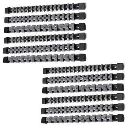 Picture of ALOANES 12 PC ABS Socket Organizer,1/2 inch, 3/8 inch, and 1/4 inch Drive Socket Rail Holders, Heavy Duty Socket Racks, Black Rails with Gray Clips