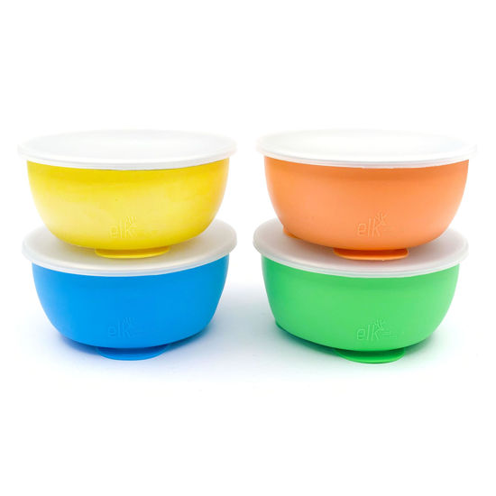 Picture of Elk and Friends Stainless Steel Bowls with Silicone Sleeve for Babies & Toddlers | Lids Included | Stay Put Suction | Cereal & Snack Bowls | 4 Pack
