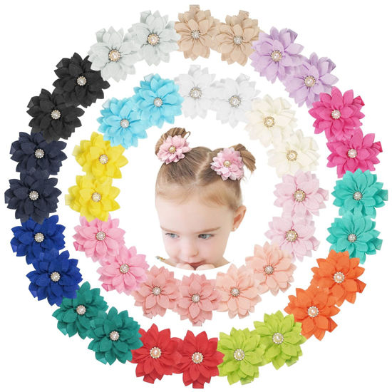 Picture of DeD 40PCS 2.3" Chiffon Flower Hair Bows Clips with Rhinestone Flower Tiny Hair Clips Fine Hair for Girls Infants Toddlers Set of 20 Pairs