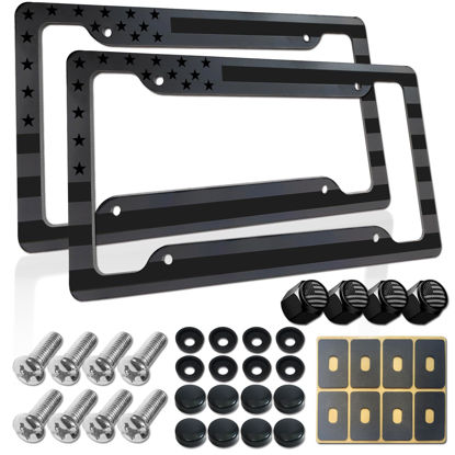 Picture of BGGTMO American Flag License Plate Frames- 2 Pack Black Grey Patriotic USA Aluminum Car Tag Holder Cover for Front Rear, with Screws Caps