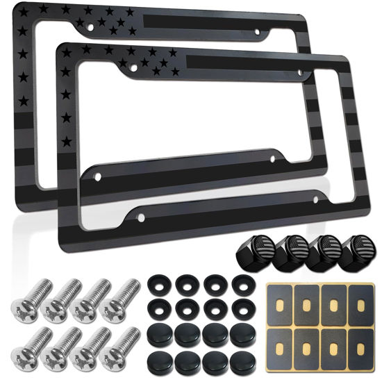 Picture of BGGTMO American Flag License Plate Frames- 2 Pack Black Grey Patriotic USA Aluminum Car Tag Holder Cover for Front Rear, with Screws Caps