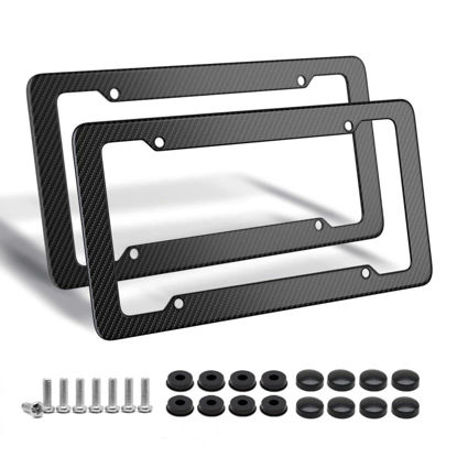Picture of Black Carbon Fiber License Plate Frame, 2 Pack Glossy Waterproof Plastic Number Plate Frame Print Carbon Fiber Pattern for Man and Women (with Fasteners and Screws)