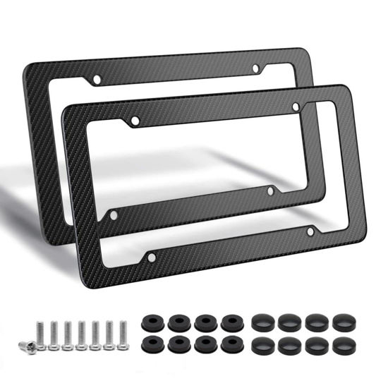 Picture of Black Carbon Fiber License Plate Frame, 2 Pack Glossy Waterproof Plastic Number Plate Frame Print Carbon Fiber Pattern for Man and Women (with Fasteners and Screws)