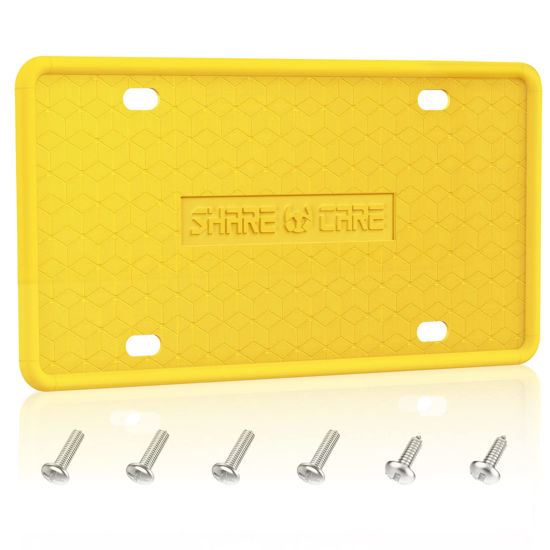 Picture of QiqaMole License Plate Frame, Front Back License Plate Cover, License Plate Bracket Holder Rust-Proof, Rattle-Proof, Weather-Proof for US CA Standard Car (Yellow 1 Pack)