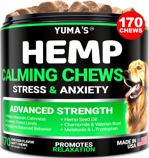 Picture of YUMA'S Hemp Calming Chews for Dogs - Advanced Dog Calming Chews - 170 Chews - Anxiety Relief Treats - Separation Aid, Barking, Stress Relief, Thunderstorms - Melatonin - Hemp Oil - Made in USA