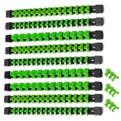 Picture of ALOANES 9 PC ABS Socket Organizer, 1/2 inch, 3/8 inch and 1/4 inch Drive Socket Rail Holders, Heavy Duty Socket Racks, Black Rails with Green Clips