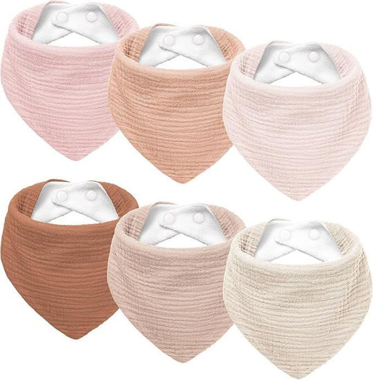 Picture of Susurration Muslin Baby Drool Bibs 6Pack Soft Triangular Baby Bandana Adjustable Bibs for Unisex Girls & Boys (Pink&Brown)