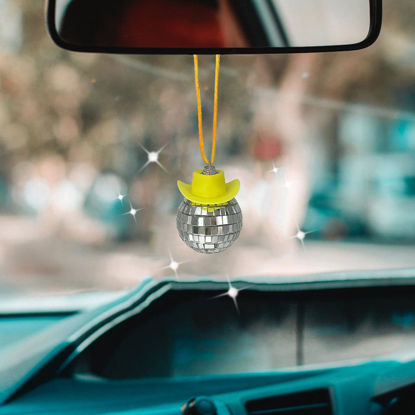 Picture of SPANSEE Yellow Disco Car Charm, Disco Cowgirl Car Charm, Disco Ball Cowboy Hat Car Accessory, Car Disco Ball, Rear View Mirror Accessories, Disco Ball Car Mirror Ornament, Disco Ball for Car