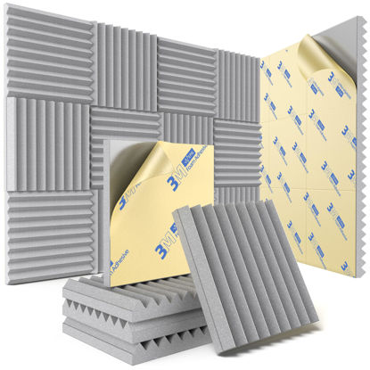 Picture of 12 Pack Sound Proof Foam Panels for Wall with Self Adhesive, 1" X 12" X 12" High Density Acoustic Panels Sound Absorbing Quick-Recovery, Wedges Soundproof Wall Panels for Gaming & Studio Decor - Gray