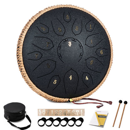 Picture of HOPWELL Steel Tongue Drum - 15 Note 12 Inch Tongue Drums - Percussion Instruments - Hand Pan Drum with Music Book, Drum Mallets and Carry Bag, D Major, Black