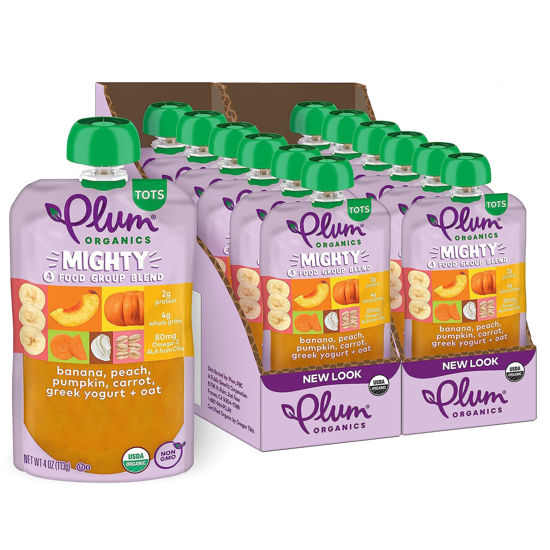 Picture of Plum Organics Mighty 4 Organic Toddler Food - Banana, Peach, Pumpkin, Carrot, Greek Yogurt, and Oat - 4 oz Pouch (Pack of 12) - Organic Fruit and Vegetable Toddler Food Pouch