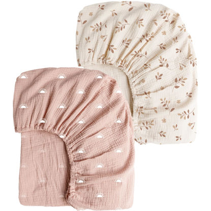 Picture of Konssy Muslin Crib Sheets 2 PCS 100% Cotton Baby Crib Sheets for Standard Crib Mattress (28"x 52"), Soft and Breathable for Boys, Girls (Pink Sun,Khaki Leaf)