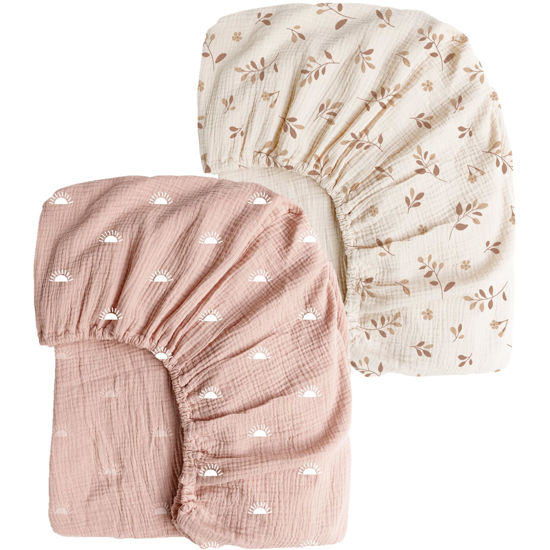 Picture of Konssy Muslin Crib Sheets 2 PCS 100% Cotton Baby Crib Sheets for Standard Crib Mattress (28"x 52"), Soft and Breathable for Boys, Girls (Pink Sun,Khaki Leaf)