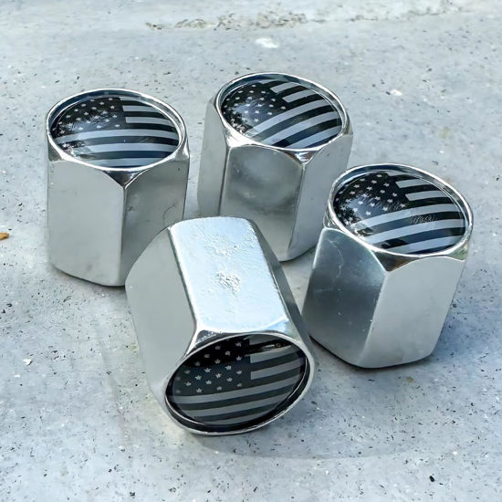 Picture of TACTILIAN American Flag Chrome Valve Stem Caps 4 Pack | Leakproof Aluminum Tire Valve Caps with Rubber O-Ring, Universal Fit for Cars, Trucks, SUVs | Silver Tire Valve Caps Chrome Valve Stem Covers