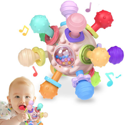Picture of Baby Montessori Teething Toys 0-6 6-12 Month, Food Grade Baby Rattle Chew Sensory Teething Toys, Newborn Infant Learning Developmental Toys Birthday Gifts for Boys Girls - Pink