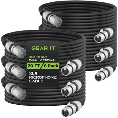 Picture of GearIT XLR to XLR Microphone Cable (20 Feet, 6-Pack) XLR Male to Female Mic Cable 3-Pin Balanced Shielded XLR Cable for Mic Mixer, Recording Studio, Podcast - Black, 20ft, 6 Pack
