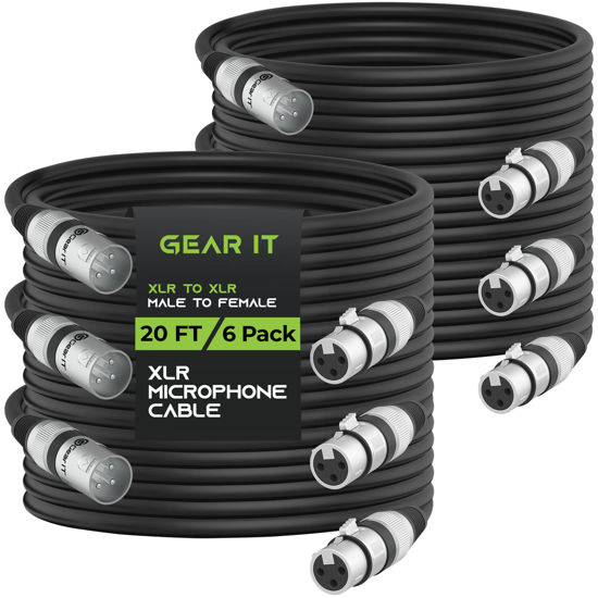 Picture of GearIT XLR to XLR Microphone Cable (20 Feet, 6-Pack) XLR Male to Female Mic Cable 3-Pin Balanced Shielded XLR Cable for Mic Mixer, Recording Studio, Podcast - Black, 20ft, 6 Pack