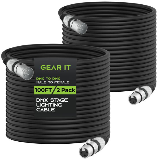 Picture of GearIT DMX to DMX Stage Lighting Cable (100 Feet, 2-Pack) DMX Male to Female (XLR Compatible) 3-Pin Balanced Shielded for DJ LED Moving Head Par Light, Mic Mixer, Recording Studio, Podcast - 100ft